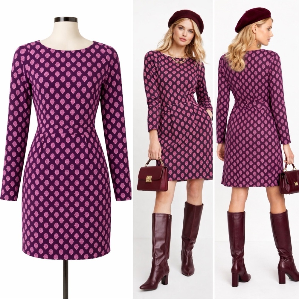 Boden | NWOT Morocco 100% Cotton Purple and Pink Long-Sleeve Shift Dress (sz 0)